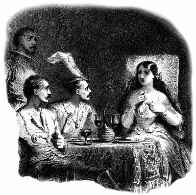 Een jonge vrouw en drie mannen die voor glazen wijn staan. (detail) door Tony Johannot