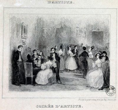 Een avond van een kunstenaar: bal en kaartspellen tijdens een burgerlijke avond Tekening door Antoine Johannot (Tony Johannot) (1803-1852) 1831 Parijs, Bibliotheek van het Arsenaal door Tony Johannot