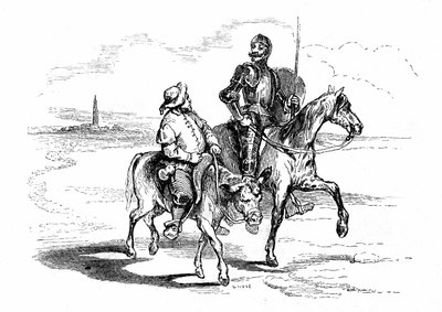 Don Quichot rijdt op zijn paard Rossinante met zijn trouwe schildknaap Sancho Panza op zijn ezel. Illustratie van Cervantes