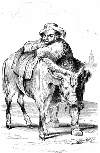 Sancho Panza, schildknaap van Don Quichot en zijn ezel. Illustratie van Cervantes