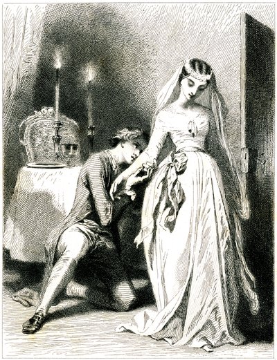 Zuchtende minnaar knielt aan de voeten van zijn mooie verloving in een interieur bij kaarslicht - meisje in romantische jurk en kapsel - gravure (ets 1845) door Tony Johannot (Antoine Johannot dit door Tony Johannot