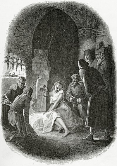 De ondervraging van Esmeralda - illustratie uit Notre Dame de Paris, 19e eeuw door Tony Johannot
