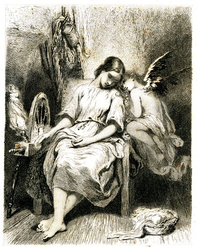 Jonge vrouw (spinner) slapend bij haar wiel - een engel leunt over haar schouder - slaap - droom - mijmering - liefde - gravure (ets 1845) door Tony Johannot (Antoine Johannot genoemd) door Tony Johannot
