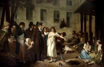 Dokter Philippe Pinel (1745-1826) bevrijdt de krankzinnigen van hun kettingen in 1795 in het Salpetriere Ziekenhuis in Parijs door Tony Robert Fleury