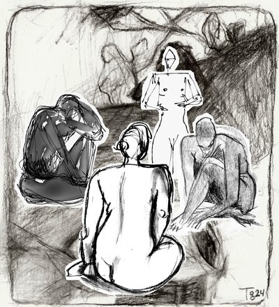 Schets van contemplatieve figuren door Tore Bahnson