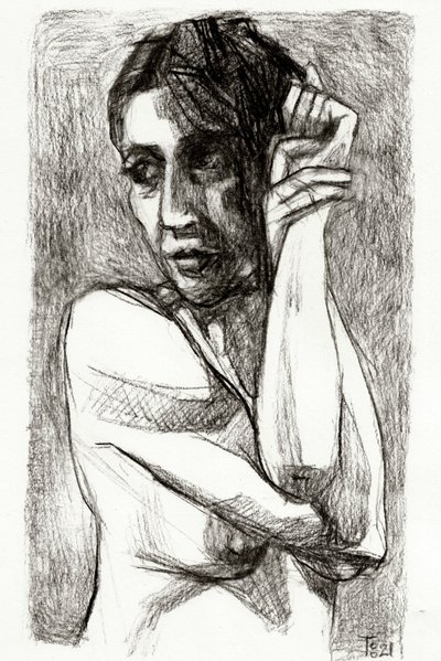Tekening van een peinzende vrouw door Tore Bahnson