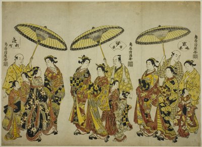 Schoonheden van de drie hoofdsteden: Shimabara in Kyoto (rechts), Yoshiwara in Edo (midden), en Shinmachi in Osaka (links) door Torii Kiyohiro