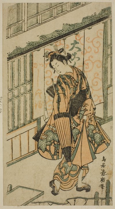 Jonge vrouw met een paraplu door Torii Kiyohiro