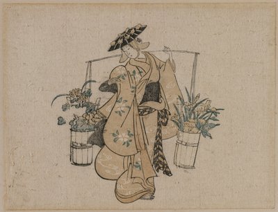 Een schoonheid die twee emmers bloemen draagt, ca. 1696-1716 door Torii Kiyomasu