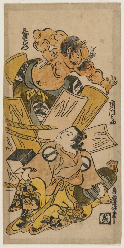 Ichikawa Monnosuke als een Courtisane en Nakajima Mioemon die uit een Vat Barst, c. vroege 1720s door Torii Kiyomasu