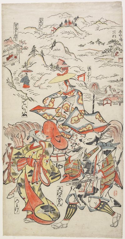 Fujiwara no Teika te Paard Vergezeld door O_e Saemon en De Vrouw Nowake, ca. 1710 door Torii Kiyomasu II
