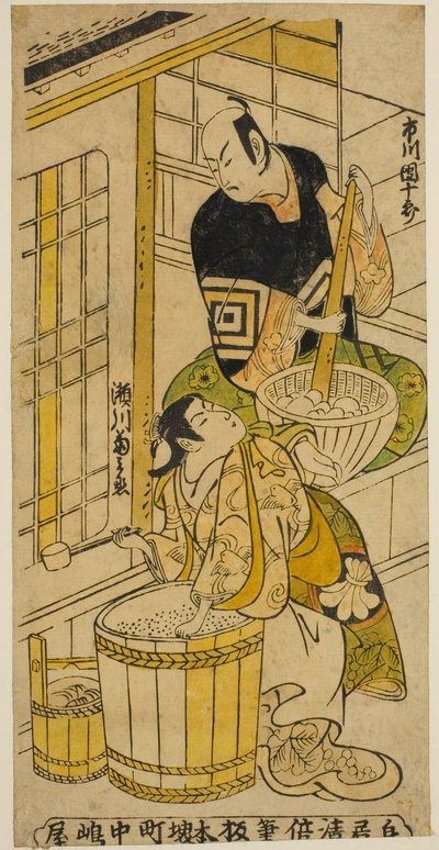 De Acteur Ichikawa Danjuro II als Kenkaya Gorouemon en Segawa Kikunojo I als Osen in het stuk "Hatsugoyomi Akinai Soga," uitgevoerd in het Nakamura Theater in de eerste maand, 1732 door Torii Kiyomasu II