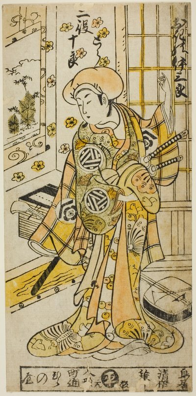 De acteur Ogino Isaburo I in twee rollen, Tora en Soga no Juro, in het stuk "Juhakko Imayo Soga," uitgevoerd in het Nakamura Theater in de eerste maand, 1734 door Torii Kiyomasu II