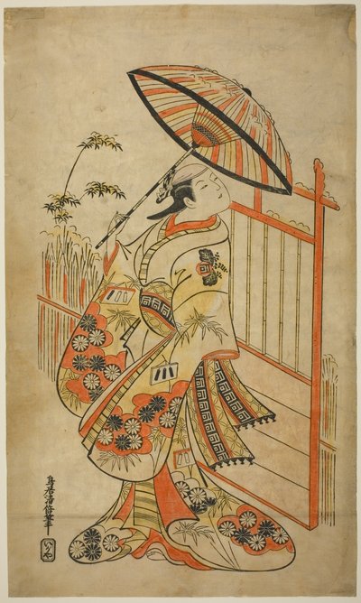 De Acteur Sanogawa Mangiku I als Sanada, de dochter van de spinner Itoya, in het stuk "Hiragana Yomeiri Izu Nikki," uitgevoerd in het Nakamura Theater in de elfde maand, 1718 door Torii Kiyomasu II