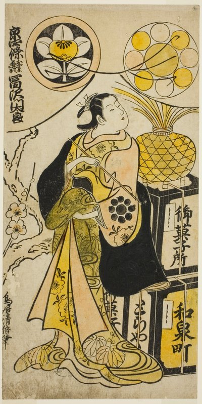 De Acteur Tomizawa Montaro I als Miyako no Mae in het stuk "Izu Genji Horai Yakata," opgevoerd in het Ichimura Theater in de elfde maand, 1736 door Torii Kiyomasu II