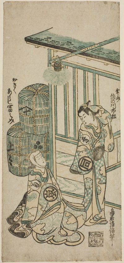De acteurs Sanogawa Ichimatsu I als Kosoke en Arashi Tominosuke I als Okiku door Torii Kiyomasu II