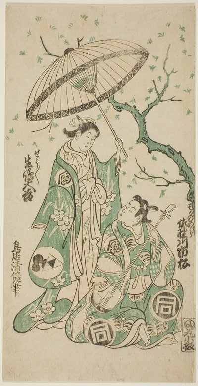 De acteurs Sanogawa Ichimatsu I als Soga no Goro en Ikushima Daikichi II als Kewaizaka no Shosho in het stuk "Monzukushi Nagoya Soga," opgevoerd in het Ichimura Theater in de eerste maand, 1748 door Torii Kiyomasu II