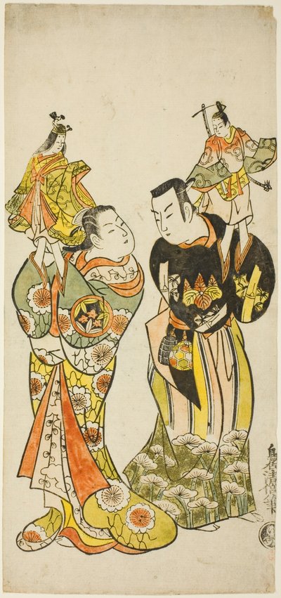 De acteurs Yamashita Kinsaku I en Hayakawa Hatsuse als poppenspelers in het stuk "Dagboek van een reis over zee naar Izu" ("Funadama Izu Nikki"), uitgevoerd in het Nakamura Theater in de eerste maand, 1725 door Torii Kiyomasu II