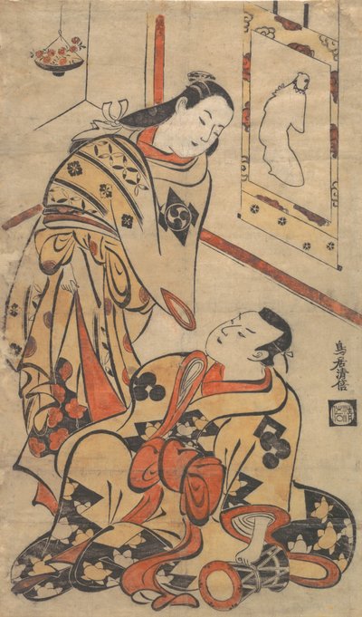 Kabuki-acteurs Nakamura Gentaro en Ikushima Shingoro, ca. 1710 door Torii Kiyomasu I
