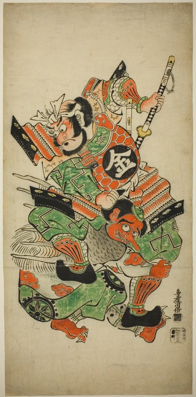 Sakata Kintoki worstelt met een Tengu door Torii Kiyomasu I