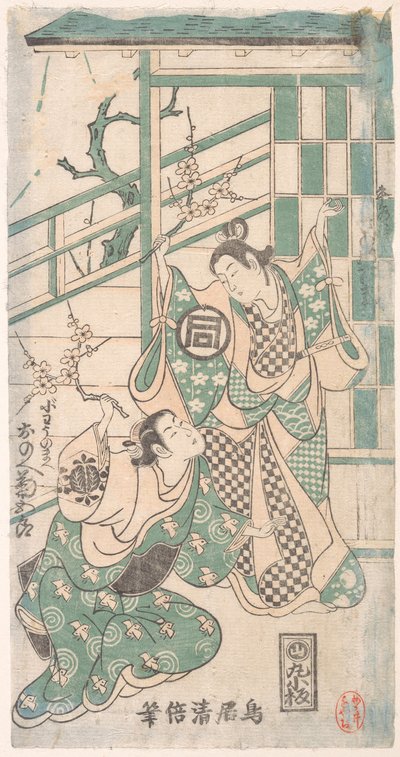 Scène uit het drama Hatsu-tori Kuruma Genji door Torii Kiyomasu I