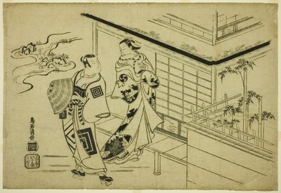 De acteurs Nakamura Takesaburo I als Kewaizaka no Shosho en Ichikawa Danjuro II als Soga no Goro in het stuk "Bando Ichi Kotobuki Soga," uitgevoerd in het Nakamura Theater in de eerste maand, 1715 door Torii Kiyomasu I