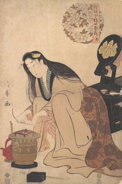 Dame die Binsashi-steun voor het haar over de slapen aanbrengt om in haar haar te doen, ca. 1808 door Torii Kiyomine