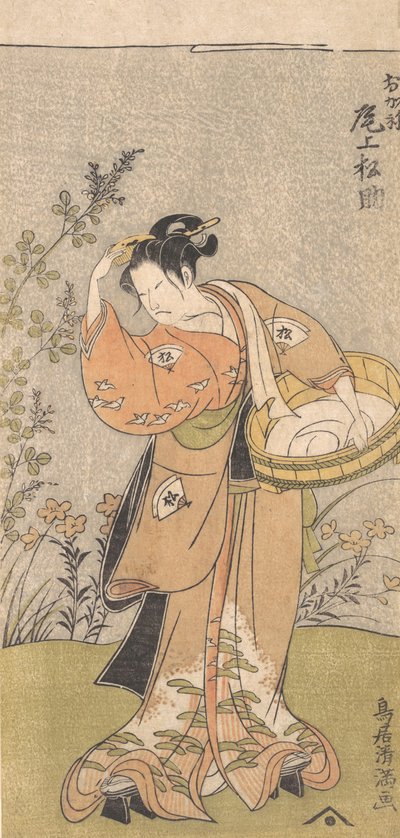 De acteur Onoya Matsusuke, in vrouwelijke gewaad van O-Kane, past de kam in zijn haar aan door Torii Kiyomitsu