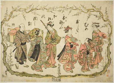 Feest op weg om pruimenbloesems te bekijken door Torii Kiyomitsu I