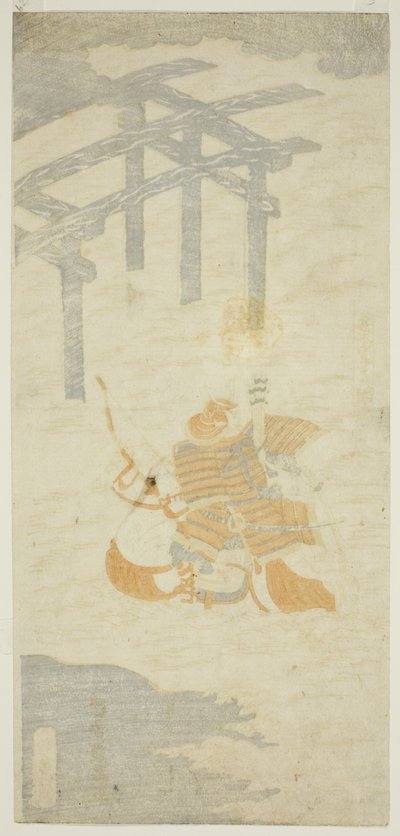 De krijger Sasaki Shiro Takatsuna steekt te paard de rivier de Uji over door Torii Kiyomitsu I