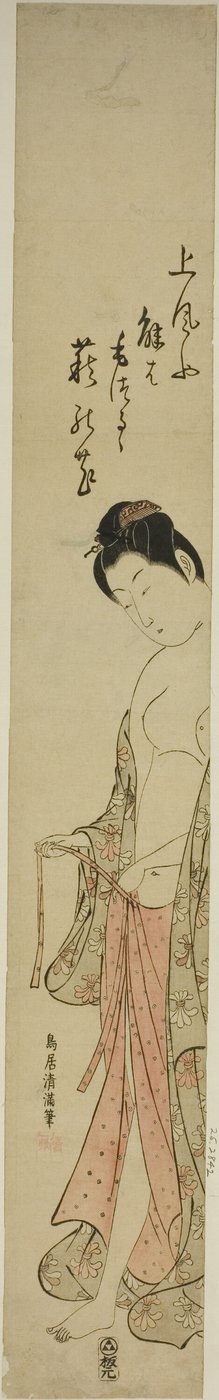 Vrouw kleedt zich aan na een bad door Torii Kiyomitsu I