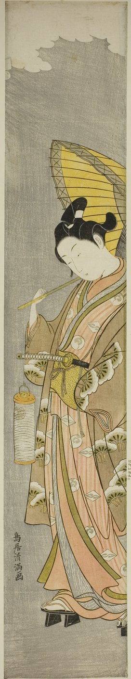 Jonge man met paraplu en lantaarn door Torii Kiyomitsu I