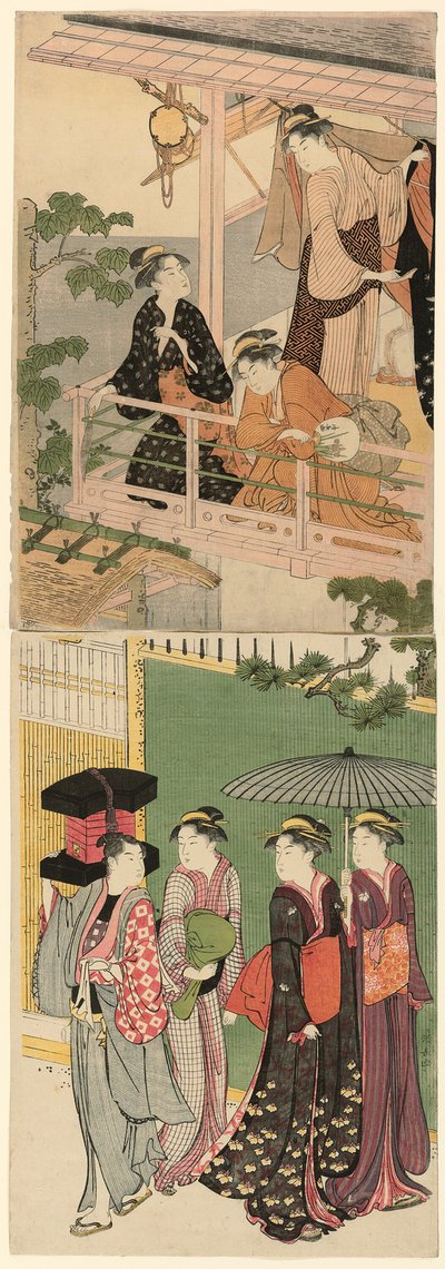 Een Waaierverkoper die Onder een Balkon Voorbijgaat door Torii Kiyonaga