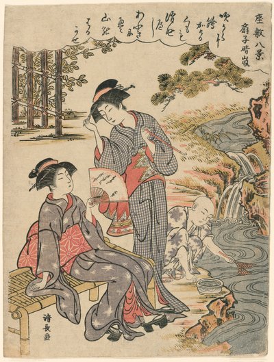Een waaier die een verspreide storm suggereert uit de serie Acht scènes van de salon door Torii Kiyonaga