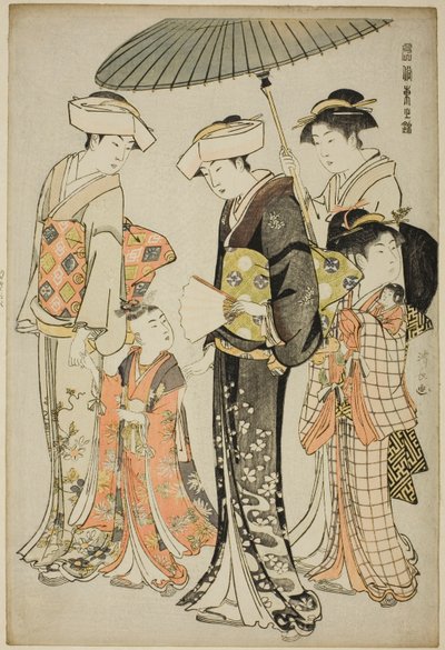 Een meisje en vier bedienden, uit de serie "Een brokaat van oosterse manieren (Fuzoku Azuma no nishiki)" door Torii Kiyonaga