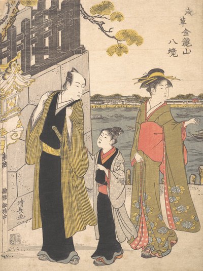 Een man met een jongen en een geisha die de Kinryusan-tempel bezoeken, ca. 1787 door Torii Kiyonaga