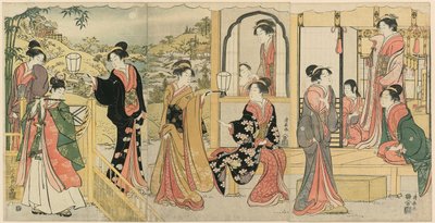 Een moderne versie van Ushiwakamaru die prinses Joruri serenade brengt door Torii Kiyonaga
