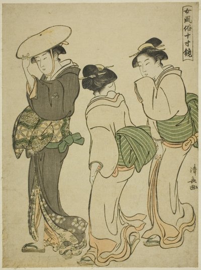 Een Vrouw en Twee Dienstmeiden, uit de serie "Een Spiegel van Vrouwelijke Manieren (Onna fuzoku masu kagami)" door Torii Kiyonaga
