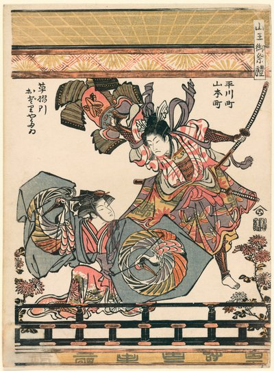 Acteurs die de prestatie van Asahina uitbeelden die het harnas van Soga no Goro breekt (Hirakawa-cho Yamamoto-cho kusazuribiki odori yatai) uit de serie Het festival van het Sanno-heiligdom (Sanno go-sairei) door Torii Kiyonaga