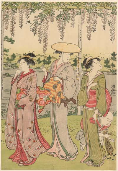 Bewondering van de blauwe regen bij het Kameido-heiligdom door Torii Kiyonaga