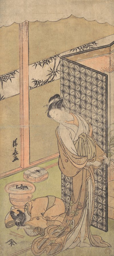 Een Oiran in nachtgewaad, pauzerend, met één hand op het scherm dat haar bed omringt, ca. 1770 door Torii Kiyonaga