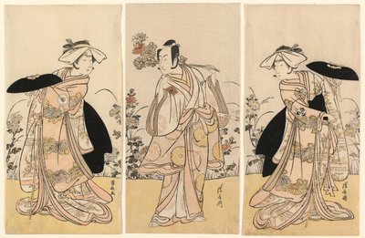 Bando Mitsugoro II als Tennen no Mansaku-kitsune en Ichikawa Monnosuke III als Nikaido Shinanonosuke en Iwai Hanshiro IV als Okura no Kojoro-kitsune in de scène uit het drama Moto Mishi Yuki Sakae Hachi-no-ki door Torii Kiyonaga