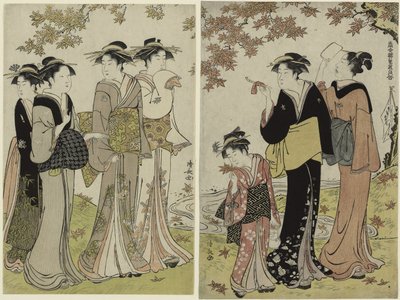 Schoonheden onder een esdoornboom, uit de serie "Een verzameling hedendaagse schoonheden van de plezierwijken" door Torii Kiyonaga