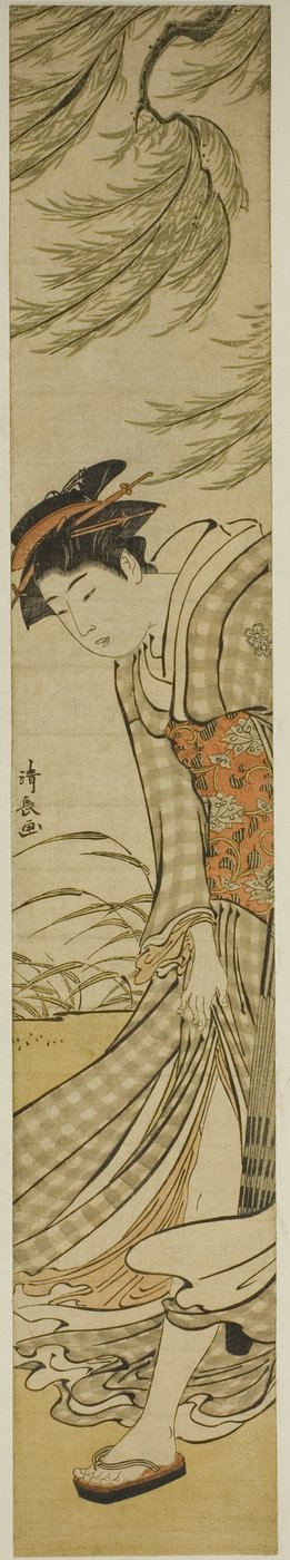 Courtisane wandelend onder een wilgenboom op een winderige dag door Torii Kiyonaga
