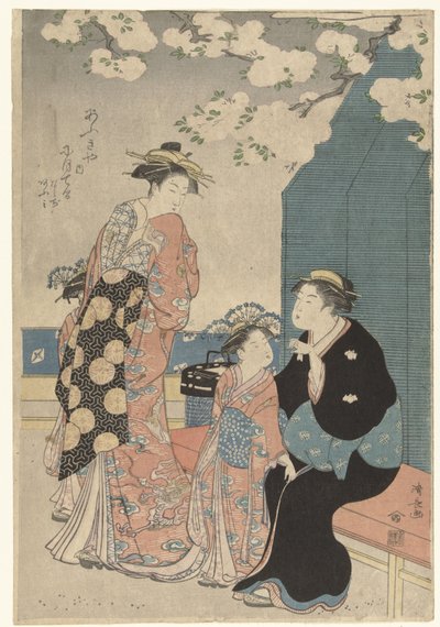 Courtisane met twee bedienden onder kersenbloesem door Torii Kiyonaga