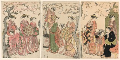 Courtisanes en hun kinderverzorgers onder bloeiende kersenbomen door Torii Kiyonaga