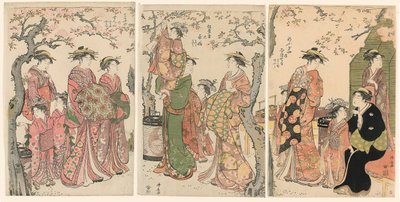 Courtisanes en hun Kinderbedienden onder Bloeiende Kersenbomen door Torii Kiyonaga