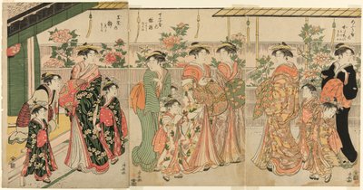 Courtisanes van Yoshiwara en hun bedienden die de pioenen op Nakanocho bekijken door Torii Kiyonaga