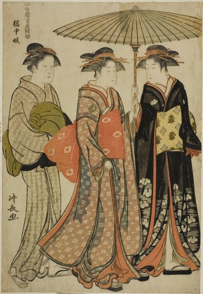 Entertainers van Tachibana, uit de serie "Een verzameling hedendaagse schoonheden van de plezierwijken" door Torii Kiyonaga