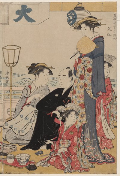 Vermaak op een balkon bij het water in Nakasu, uit de serie, Een verzameling van mooie moderne vrouwen van de plezierwijken door Torii Kiyonaga